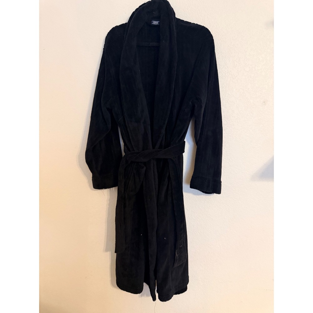 IZOD‎ Mens Black Fleece Robe Shawl Collar Tie Waist Belted Bathrobe Loungewear